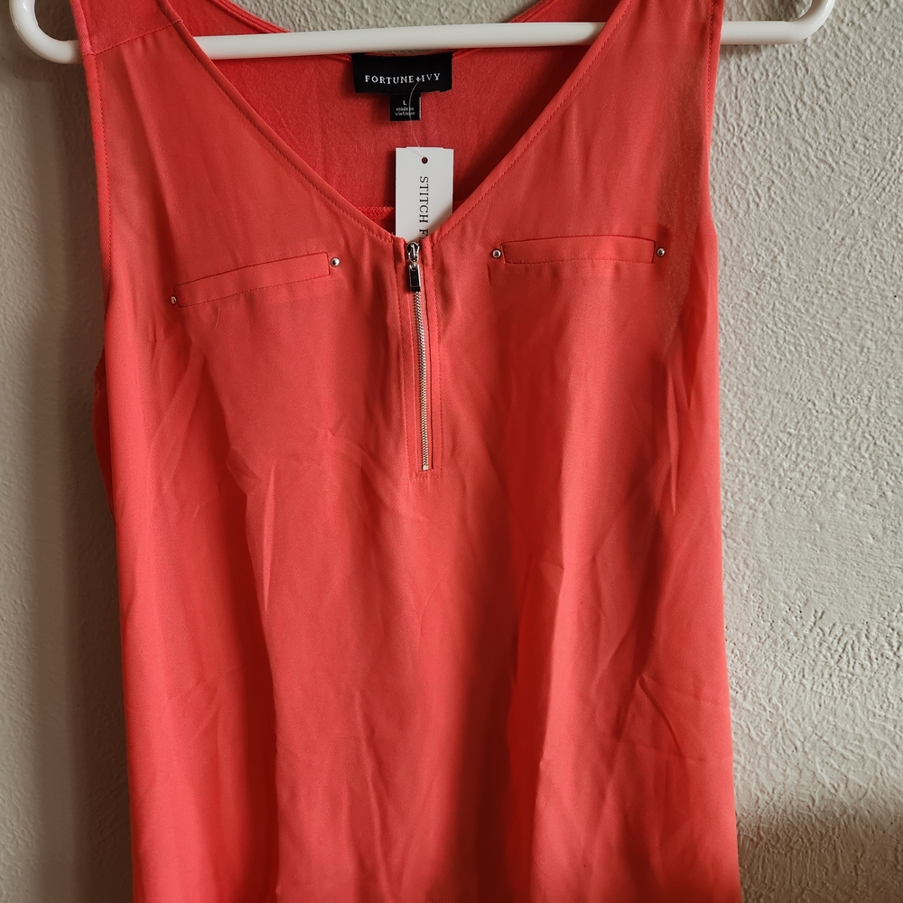 Fortune+Ivy Coral Zip-Front Tank Top